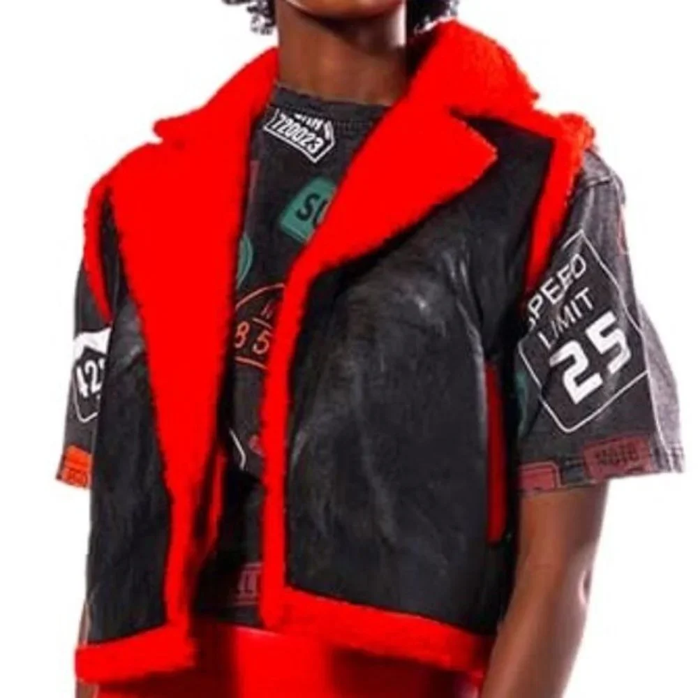 Miz Red Teddy: Soft Faux Fur Sherpa Lined Vegan Leather Vest LARGE - Picture 10 of 14